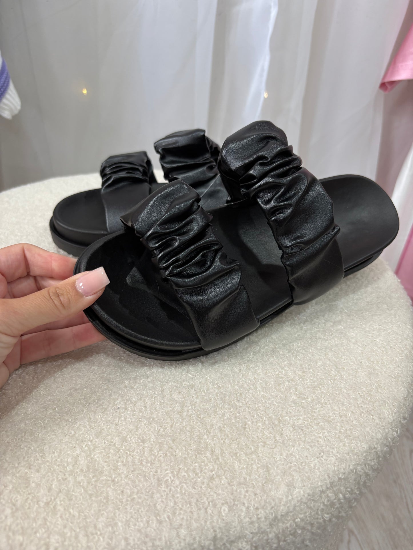 SALE ITEM Black Ruffle sliders