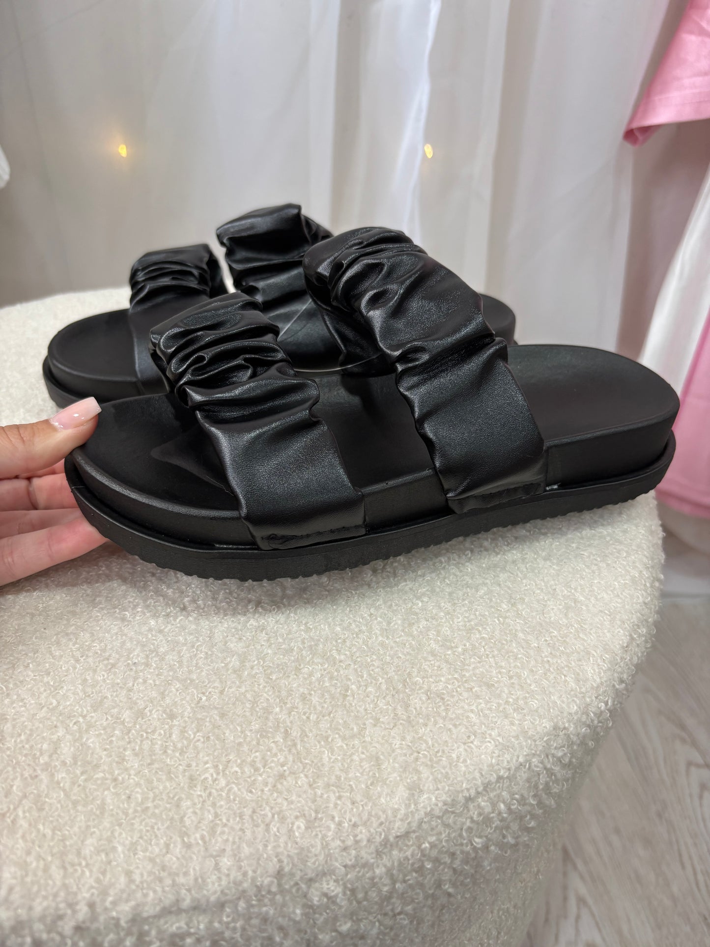 SALE ITEM Black Ruffle sliders