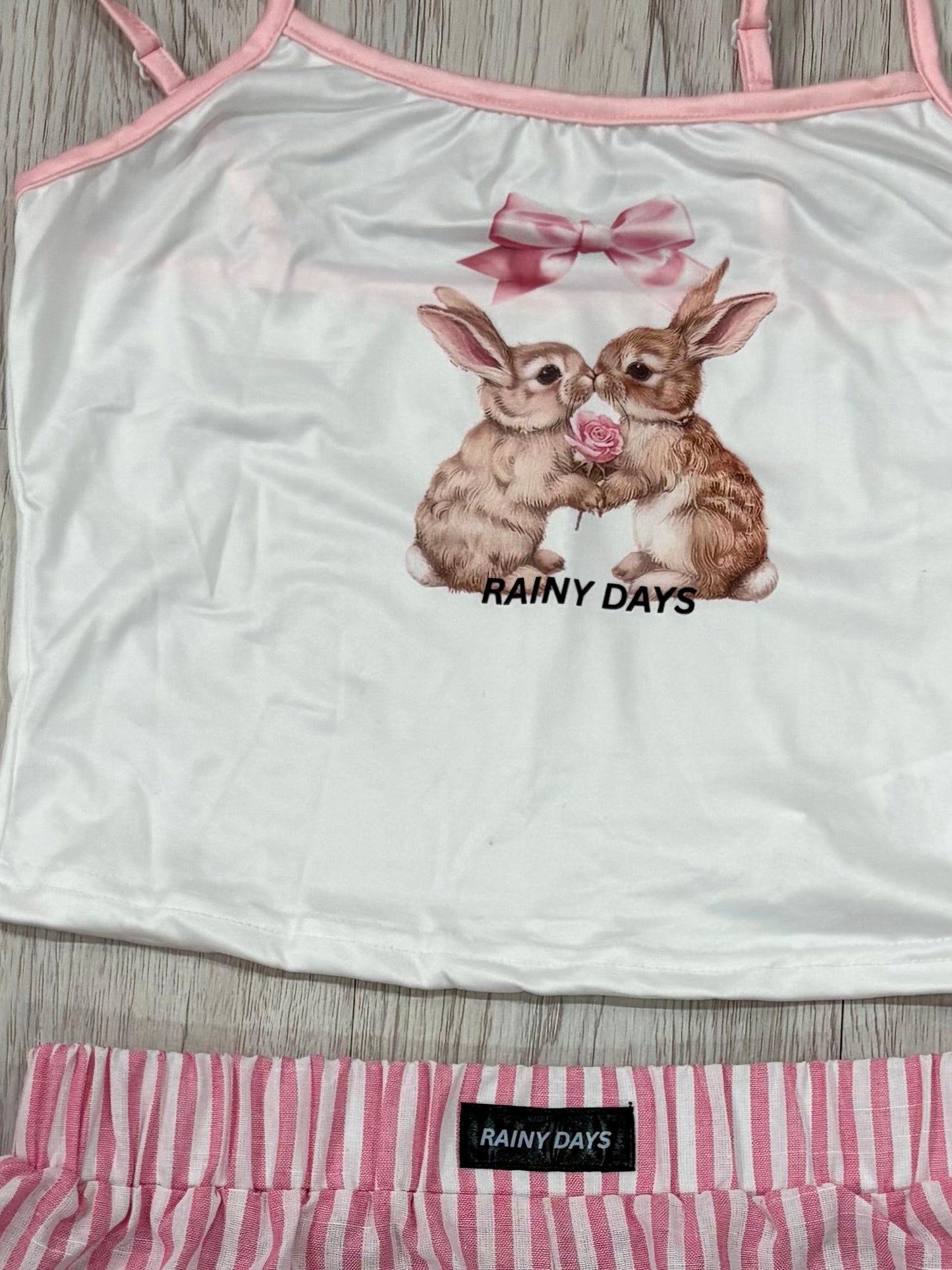 Rainy Days Rabbit Vest & Pink Stripe Short PJS