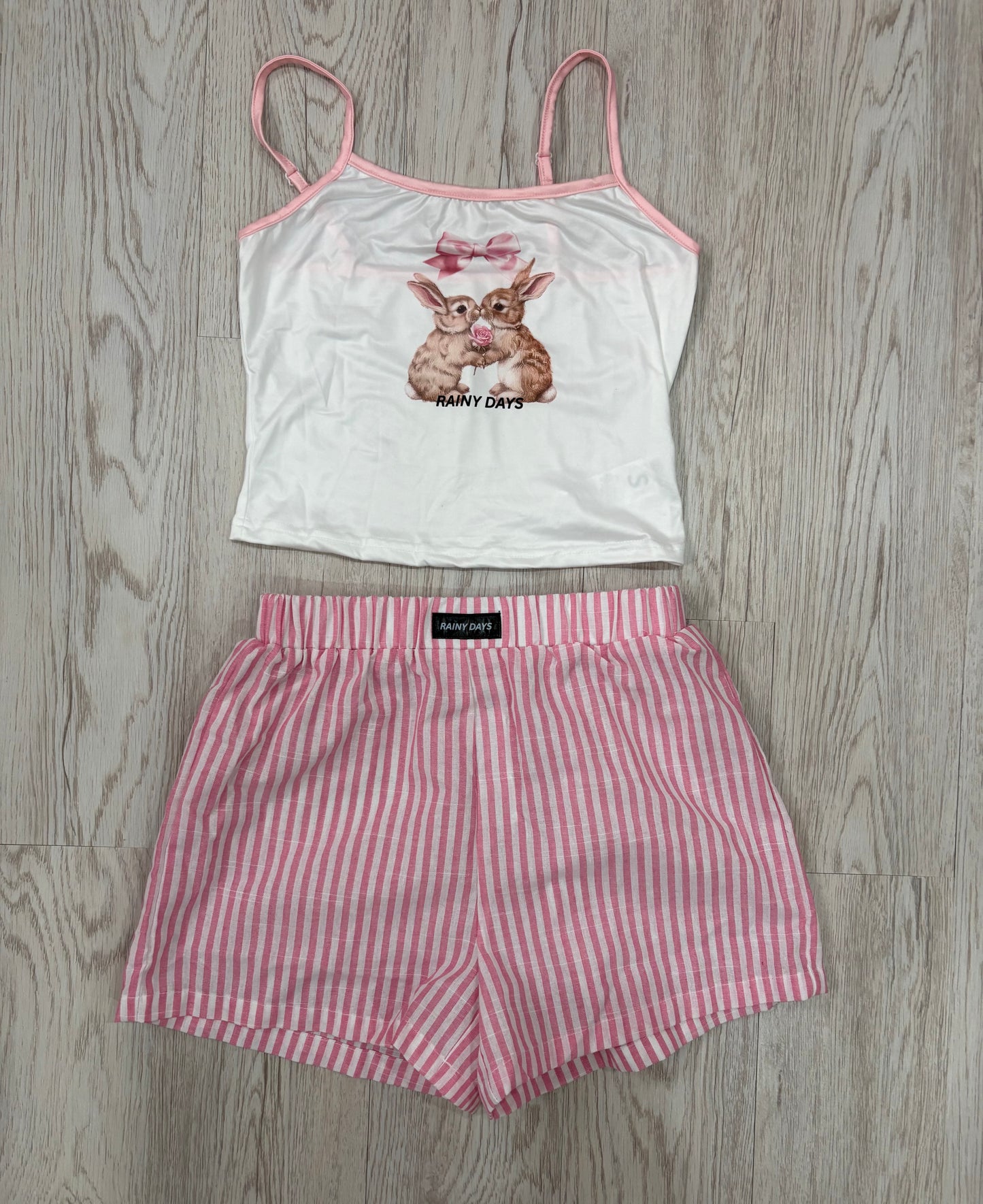 Rainy Days Rabbit Vest & Pink Stripe Short PJS