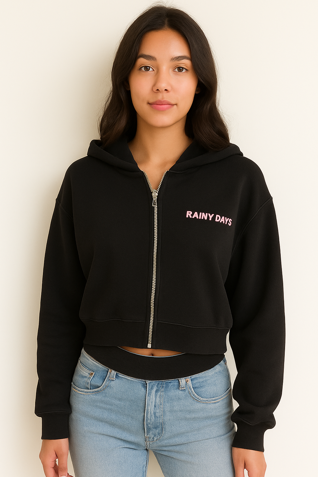 Oversized Black & Pink Embroided Rainy Days Zip Jacket