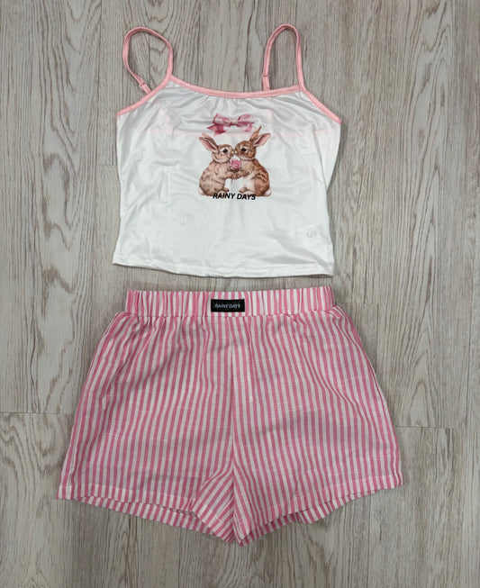 Rainy Days Rabbit Vest & Pink Stripe Short PJS