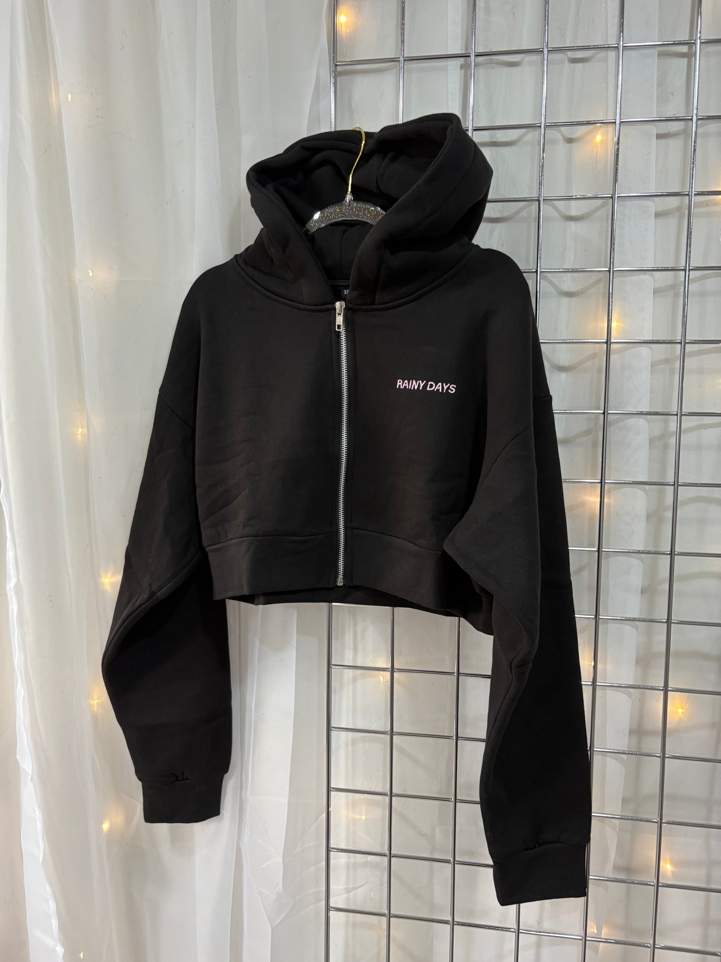 Oversized Black & Pink Embroided Rainy Days Zip Jacket