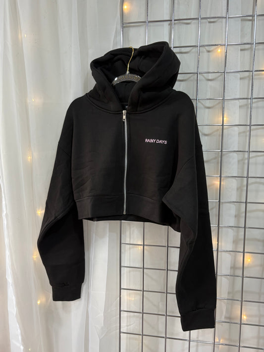 Oversized Black & Pink Embroided Rainy Days Zip Jacket