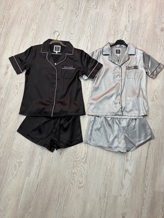 Satin Rainy Days Button up T & Shorts Pjs Set