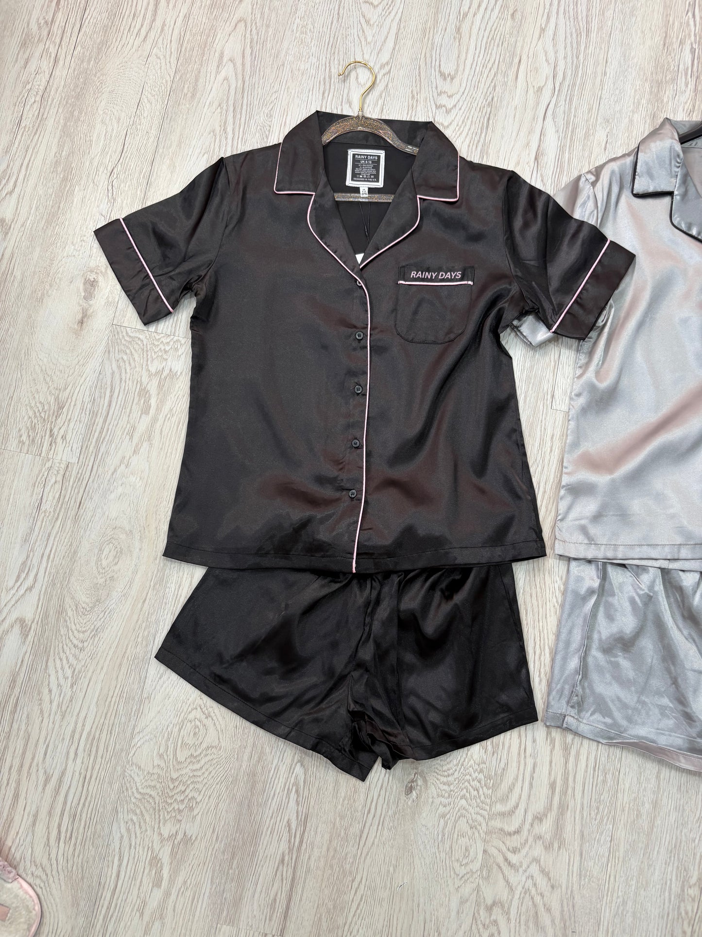 Satin Rainy Days Button up T & Shorts Pjs Set