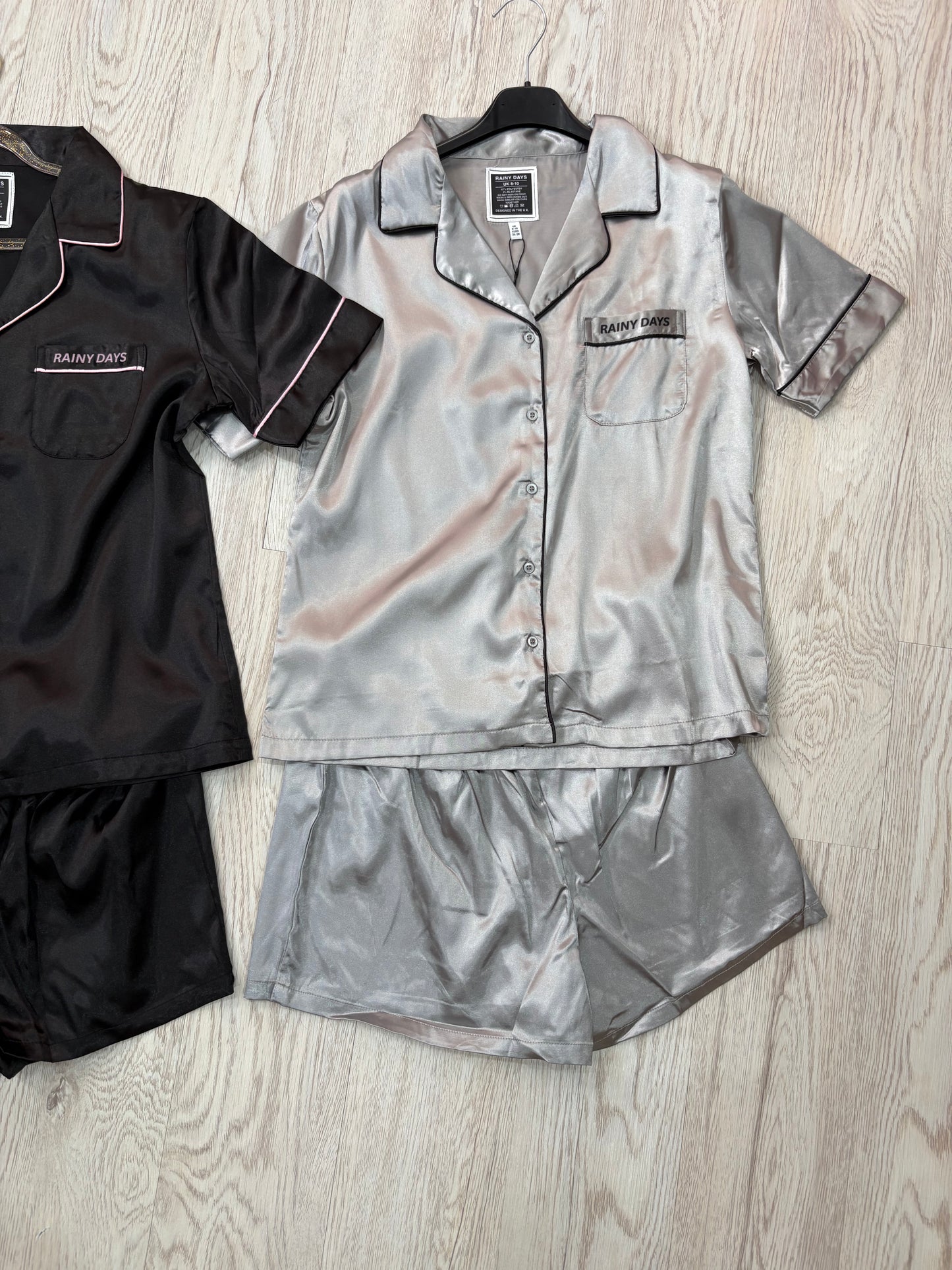 Satin Rainy Days Button up T & Shorts Pjs Set